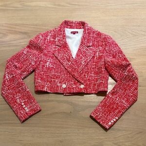 STAUD Textured Red and White Cropped Blazer